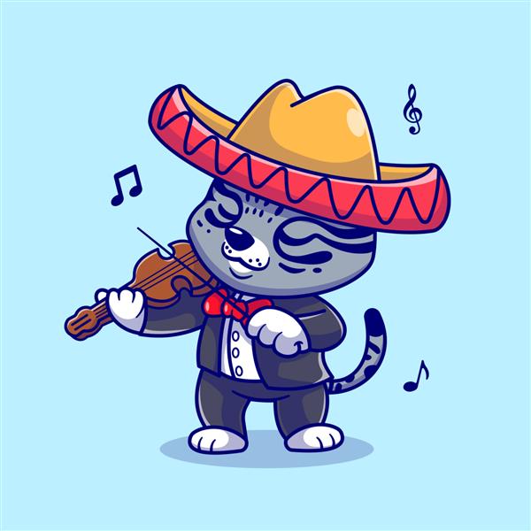 تصویر برداری آیکون کارتونی گربه ناز ویولن با کلاه سومبررو موسیقی حیوانات جدا شده