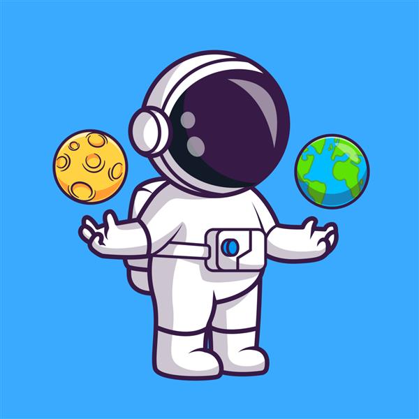 تصویر وکتور کارتونی فضانورد ناز در حال بازی زمین و توپ ماه ورزش علمی جدا شده