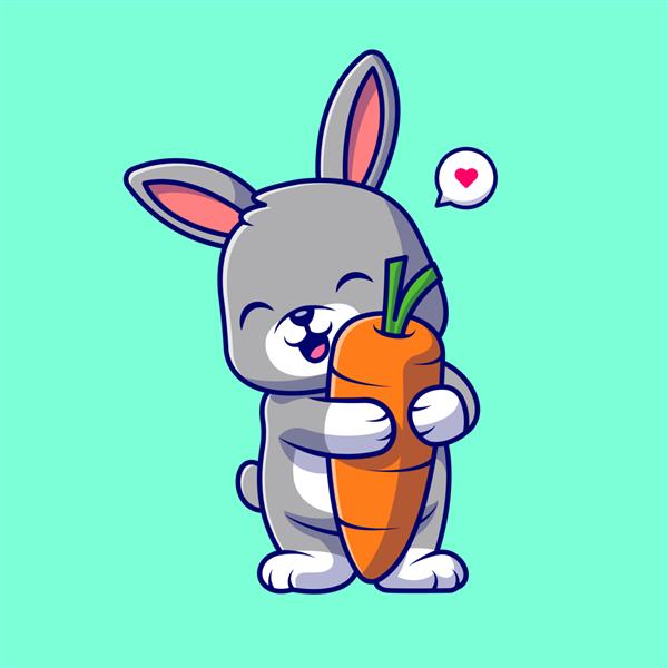 تصویر برداری آیکون کارتونی خرگوش ناز هویج را در آغوش می گیرد مفهوم آیکون غذای حیوانی جدا شده تخت