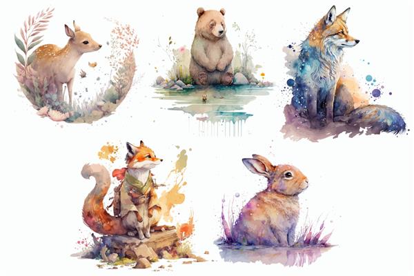 مجموعه حیوانات سافاری آهو روباه خرس خرگوش گرگ در تصویر وکتور جدا شده به سبک آبرنگ