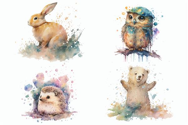 مجموعه حیوانات سافاری خرس خرگوش جوجه تیغی جغد به سبک آبرنگ تصویر برداری جدا شده