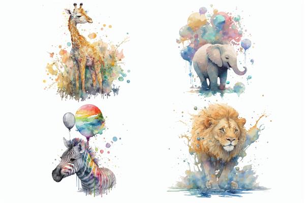 مجموعه حیوانات سافاری زرافه فیل شیر گورخر در تصویر برداری جدا شده به سبک آبرنگ
