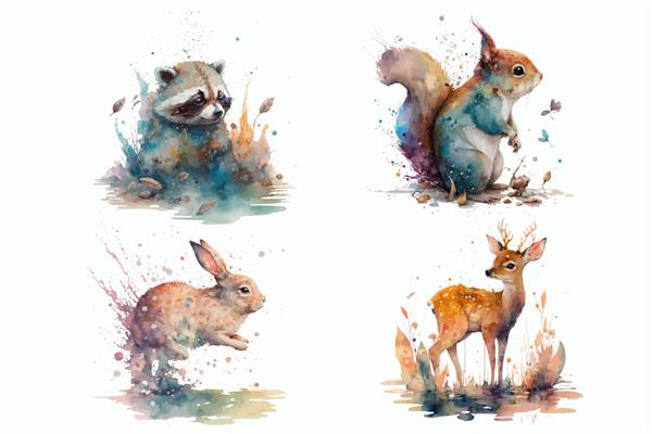 مجموعه حیوانات سافاری خرگوش سنجاب راکون آهو در تصویر برداری جدا شده به سبک آبرنگ