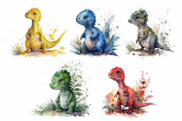 مجموعه حیوانات سافاری دایناسورهای کوچک با رنگ های مختلف در تصویر برداری جدا شده به سبک آبرنگ