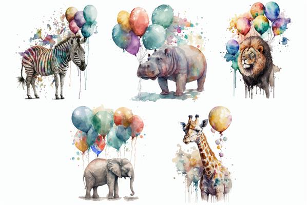 مجموعه حیوانات سافاری گورخر فیل زرافه شیر اسب آبی با بادکنک در تصویر برداری جدا شده به سبک آبرنگ