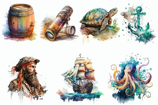 مجموعه ای از دزدان دریایی و تصویر آبرنگ اقیانوسی با تصویر دستی جدا شده روی پس زمینه سفید به سبک بوهو