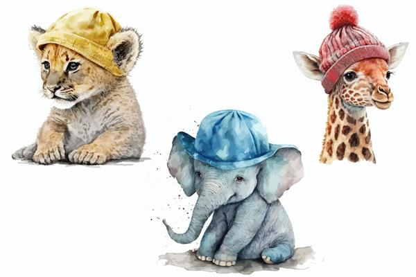 مجموعه حیوانات سافاری توله شیر فیل و زرافه با کلاه در تصویر وکتور جدا شده به سبک آبرنگ