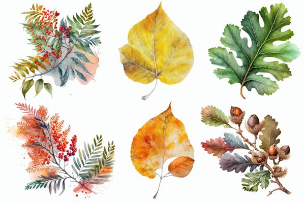 مجموعه آبرنگی از برگ های پاییزی که روی پس زمینه سفید به سبک بوهو جدا شده اند