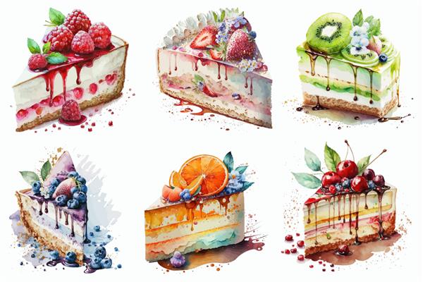وکتور میوه های رنگارنگ کیک های رولی برش های خوشمزه و شیرین ست تصویر دستی جدا شده روی پس زمینه سفید به سبک بوهو