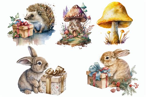 مجموعه تصویرسازی آبرنگ از حیوانات جنگلی و تصویر دستی تزئین کریسمس جدا شده روی پس زمینه سفید به سبک بوهو