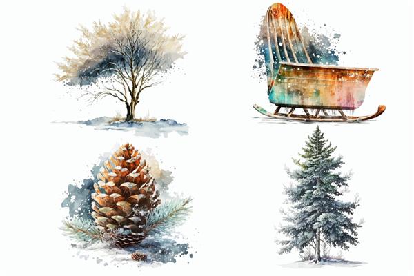 مجموعه تصویری آبرنگ از برف درختی و تصویر دستی عناصر زمستانی جدا شده روی پس زمینه سفید به سبک بوهو