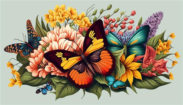 پروانه در دسته گل رنگارنگ وکتور تصویر جداسازی تصویر وکتور پس زمینه