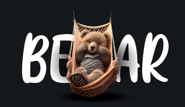 خرس عروسکی ناز در بانوج طنابی تصویر جذاب خنده دار از یک خرس عروسکی روی یک چاپ پس زمینه سیاه برای تصویر برداری لباس یا کارت پستال شما