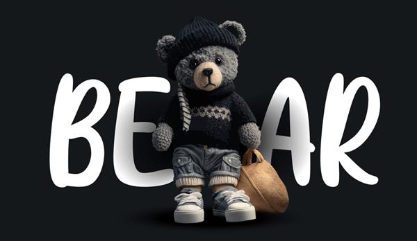 خرس عروسکی ناز با یک شلوار تی شرت تیره و یک کلاه گرم تصویر جذاب خنده دار از یک خرس عروسکی روی یک چاپ پس زمینه سیاه برای تصویر برداری لباس یا کارت پستال شما