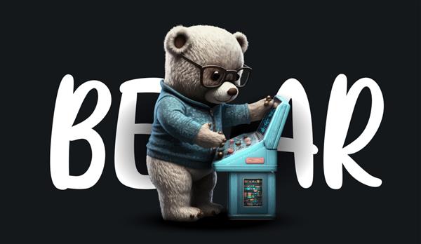 خرس عروسکی ناز با عینک آفتابی در حال انجام بازی آرکید تصویر جذاب خنده دار خرس عروسکی روی یک چاپ پس زمینه سیاه برای تصویر برداری لباس یا کارت پستال شما