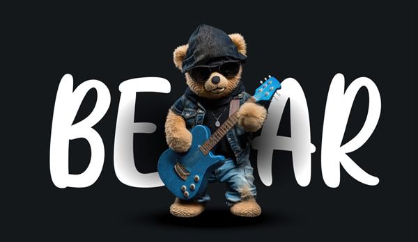 خرس عروسکی ناز با عینک آفتابی تصویر جذاب خرس عروسکی بامزه گیتار را روی یک چاپ پس‌زمینه مشکی برای تصویر برداری لباس یا کارت پستال شما می‌نوازد