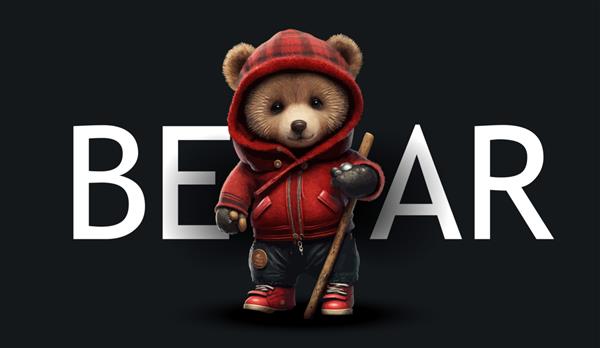خرس عروسکی ناز با یک ژاکت گرم قرمز تصویر جذاب خنده دار خرس عروسکی روی یک چاپ پس زمینه سیاه برای تصویر برداری لباس یا کارت پستال شما