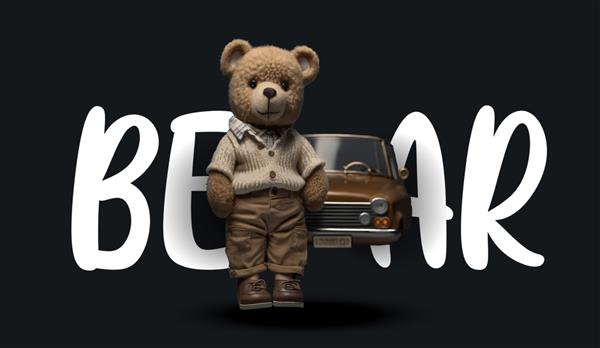 یک خرس عروسکی زیبا با شلوار و یک پیراهن در نزدیکی ماشین ایستاده است