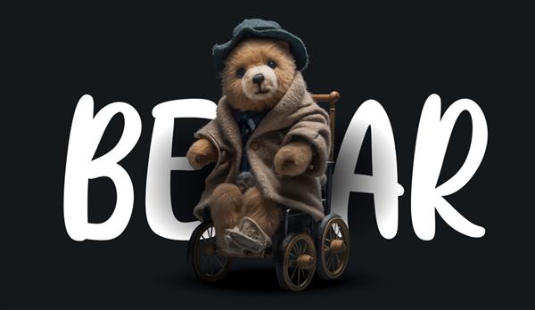خرس عروسکی ناز روی صندلی چرخدار تصویر جذاب خنده دار خرس عروسکی روی پس زمینه سیاه برای تصویر برداری لباس یا کارت پستال شما