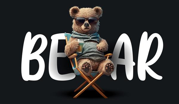 خرس عروسکی ناز با عینک آفتابی شلوارک نشسته روی یک صندلی آفتاب گیر تصویر جذاب خنده دار از یک خرس عروسکی روی پس زمینه سیاه برای تصویر برداری لباس یا کارت پستال شما
