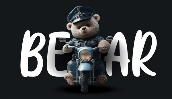خرس عروسکی بامزه با لباس پلیس در موتورسیکلت تصویر جذاب خنده دار خرس عروسکی روی پس زمینه سیاه برای تصویر برداری لباس یا کارت پستال شما