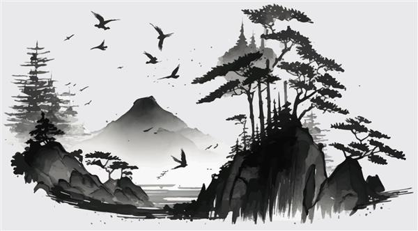 کوه های سیاه و سفید با پرندگان
