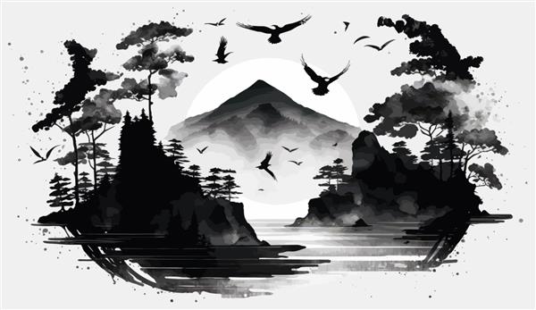 پرواز پرندگان بر فراز کوه در جنگل کنار دریاچه