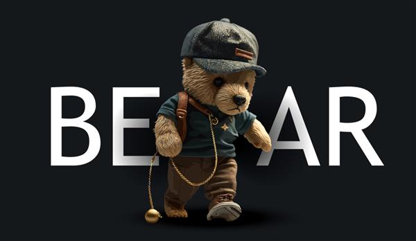 خرس عروسکی بامزه پوشیده در پیراهن شلوار کلاه کفش ورزشی تصویر جذاب خنده دار از یک خرس عروسکی روی یک چاپ پس زمینه سیاه برای تصویر برداری لباس یا کارت پستال شما
