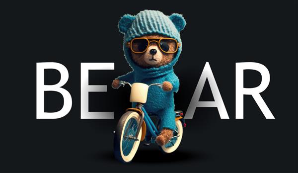 خرس عروسکی زیبا با لباس دوچرخه سوار بر روی دوچرخه تصویر خنده دار و جذاب از خرس عروسکی روی پس زمینه سیاه برای تصویر برداری لباس یا کارت پستال شما