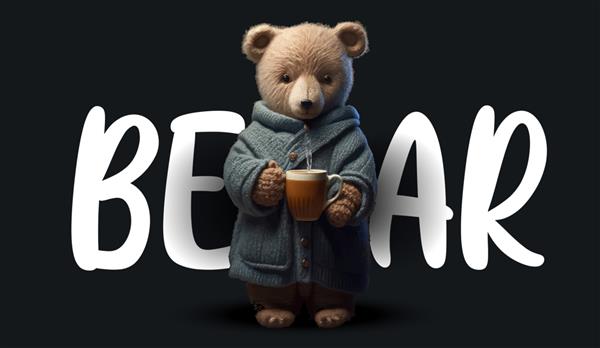 خرس عروسکی بامزه پوشیده در لباس های خانگی و در دست گرفتن یک فنجان چای با حباب ها تصویر جذاب خنده دار از یک خرس عروسکی روی یک چاپ پس زمینه سیاه برای تصویر برداری لباس یا کارت پستال شما