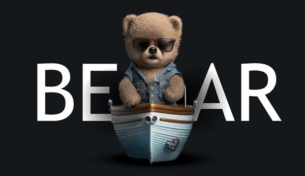 خرس عروسکی زیبا پوشیده در پیراهن ساحلی عینک آفتابی روی یک قایق موتوری تصویر جذاب خنده دار از یک خرس عروسکی روی یک چاپ پس زمینه سیاه برای تصویر برداری لباس یا کارت پستال شما
