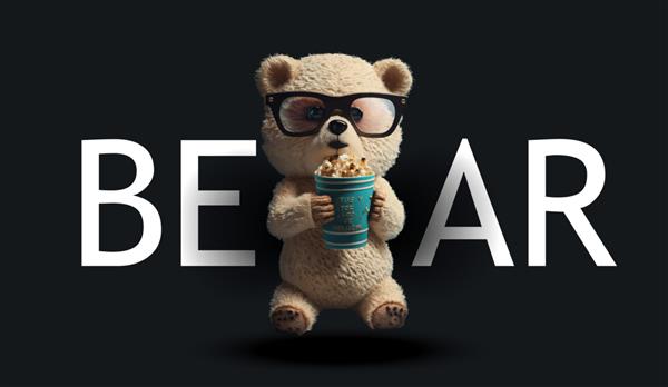 خرس عروسکی بامزه پوشیده در حال خوردن ذرت بو داده در عینک های سه بعدی تصویر جذاب خنده دار خرس عروسکی روی یک چاپ پس زمینه سیاه برای تصویر برداری لباس یا کارت پستال شما