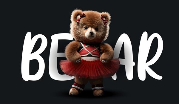 خرس عروسکی بامزه پوشیده به لباس تشویق تصویر جذاب خنده دار خرس عروسکی روی یک چاپ پس زمینه مشکی برای تصویر برداری لباس یا کارت پستال شما