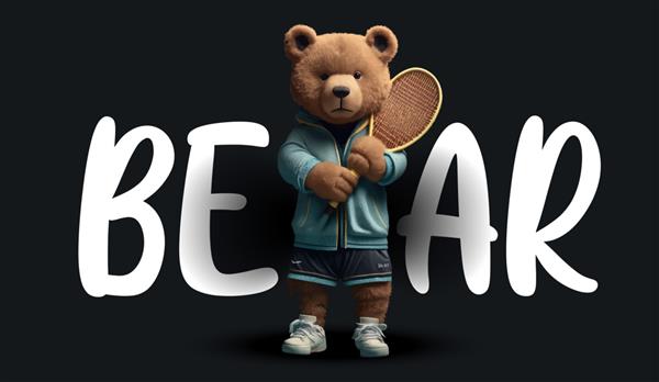 خرس عروسکی بامزه پوشیده با لباس ورزشی بازیکن تنیس در حال ارائه تصویر جذاب خرس عروسکی روی یک چاپ پس زمینه مشکی برای تصویر برداری لباس یا کارت پستال شما