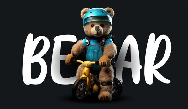 خرس عروسکی زیبا در لباس محافظ برای دوچرخه سواری تصویر جذاب خنده دار خرس عروسکی بر روی یک چاپ پس زمینه سیاه برای تصویر برداری لباس یا کارت پستال شما