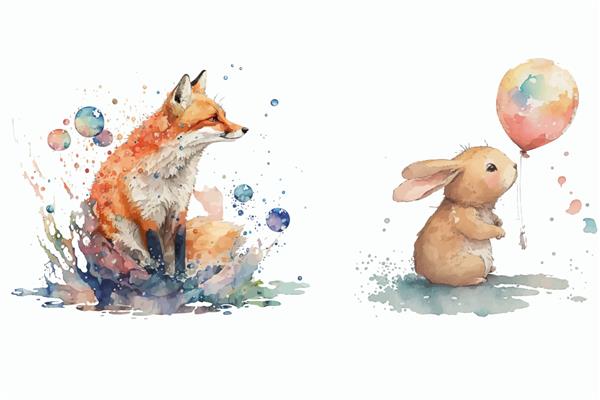 خرگوش و روباه در تصویر برداری جدا شده به سبک آبرنگ