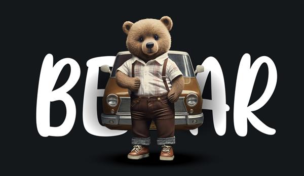یک خرس عروسکی زیبا با شلوار و پیراهن در نزدیکی ماشین جذاب و خنده دار ایستاده است