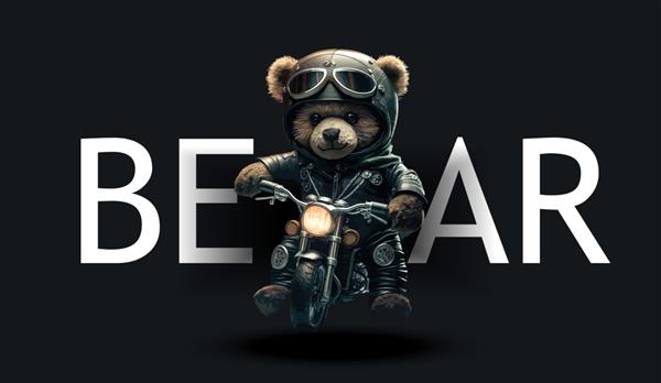 خرس عروسکی بامزه با لباس مسابقه و موتور سیکلت تصویر جذاب خنده دار خرس عروسکی روی یک چاپ پس زمینه سیاه برای تصویر برداری لباس یا کارت پستال شما
