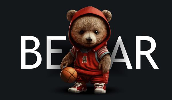 خرس عروسکی ناز بسکتبال بازی می کند با یک تصویر جذاب خنده دار با لباس ورزشی قرمز