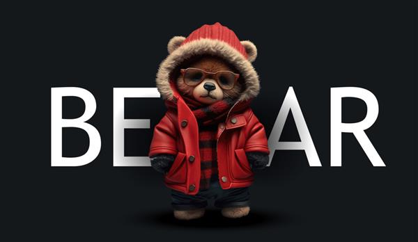 خرس عروسکی ناز با یک ژاکت گرم قرمز تصویر جذاب خنده دار خرس عروسکی روی یک چاپ پس زمینه سیاه برای تصویر برداری لباس یا کارت پستال شما