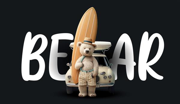 خرس عروسکی ناز در کنار یک ماشین با یک تخته موج سواری تصویر جذاب خنده دار یک عروسک