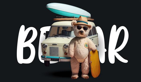 خرس عروسکی زیبا در کنار یک ماشین با تخته موج سواری تصویر جذاب خنده دار خرس عروسکی