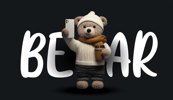 خرس عروسکی ناز در حال گرفتن یک تصویر سلفی خنده دار و جذاب از یک خرس عروسکی روی پس زمینه سیاه برای تصویر برداری لباس یا کارت پستال شما