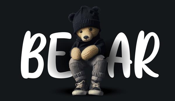 خرس عروسکی ناز با یک شلوار تی شرت تیره و یک کلاه گرم تصویر جذاب خنده دار از یک خرس عروسکی روی یک چاپ پس زمینه سیاه برای تصویر برداری لباس یا کارت پستال شما