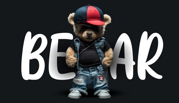 خرس عروسکی زیبا در لباس های هیپ هاپ با کلاه بیسبال تصویر جذاب خنده دار خرس عروسکی روی یک چاپ پس زمینه سیاه برای تصویر برداری لباس یا کارت پستال شما