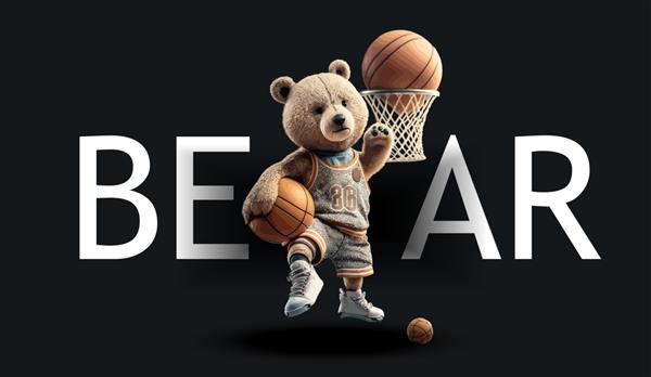 خرس عروسکی ناز در حال بازی بسکتبال تصویر جذاب خنده دار خرس عروسکی روی پس زمینه سیاه برای تصویر برداری لباس یا کارت پستال شما