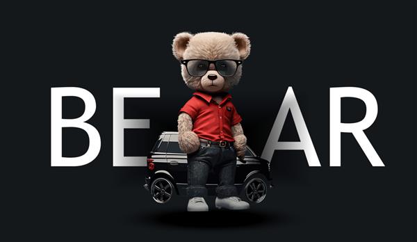 خرس عروسکی ناز با عینک آفتابی در کنار ماشین تصویر جذاب خنده دار