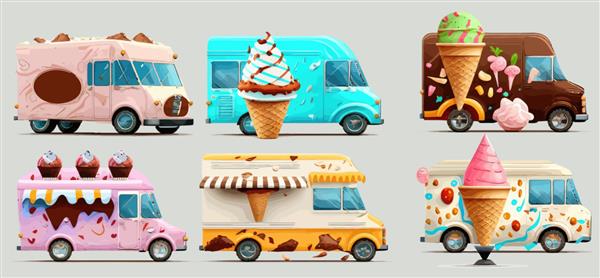 کامیون های غذا با نوشیدنی های قهوه بستنی و تنقلات یک الگوی زیبا برای تصویر کارتونی تخت بازی جدا شده در وکتور پس زمینه