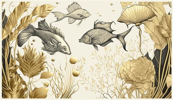 تصویر برداری پس زمینه جداسازی پس زمینه گیاه شناسی لوکس و ماهی در خط هنر
