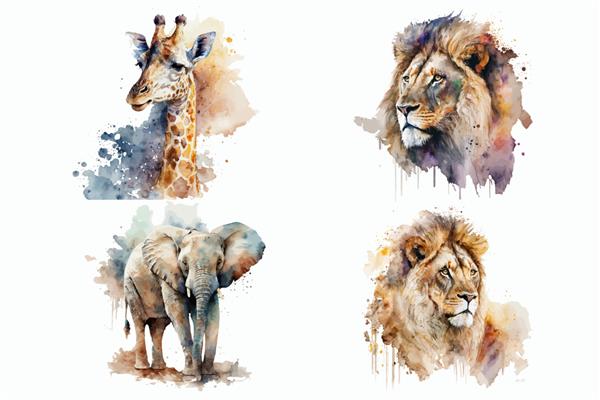 مجموعه حیوانات سافاری زرافه شیر فیل به سبک آبرنگ تصویر برداری جدا شده